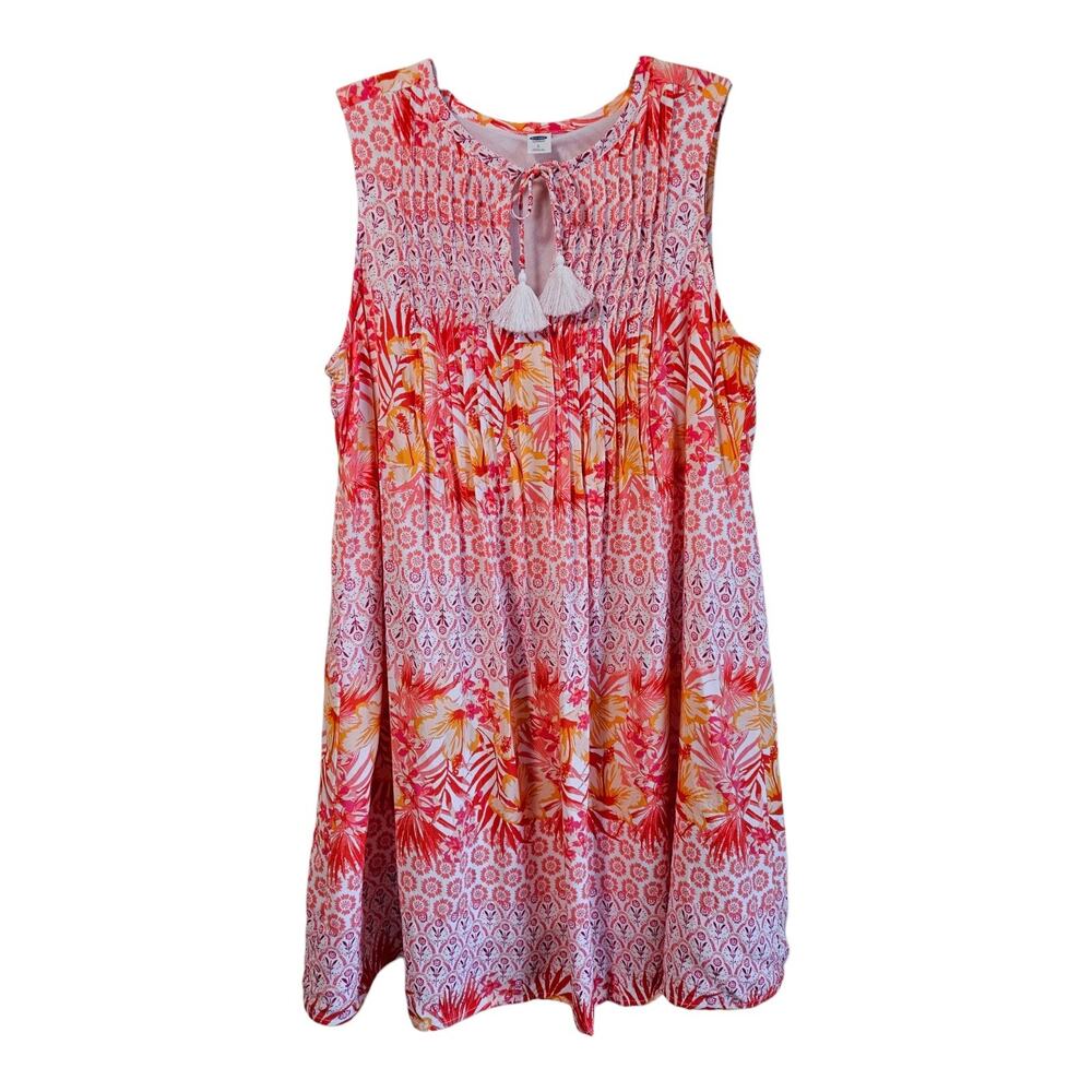 OLD NAVY Women's L Hawaiian Luau Dress Floral Orange Tassel Tie Sleeveless